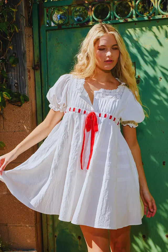 Red Ribbon Lace Mini Dress – Four West