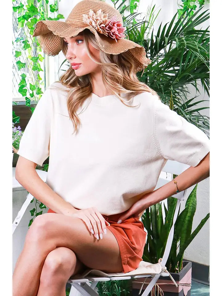 Round Neck Short Sleeve Knit Sweater/Cream