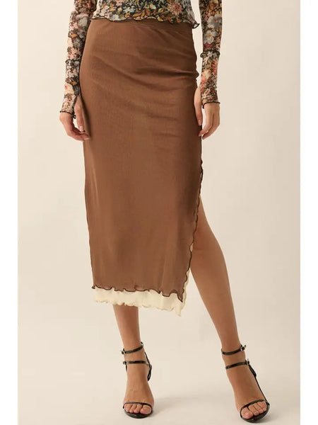 Layered Contrast Mesh Midi Skirt / Brown