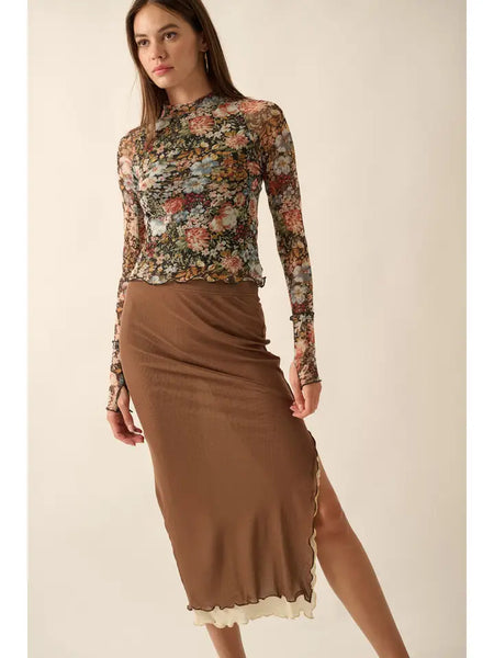 Layered Contrast Mesh Midi Skirt / Brown