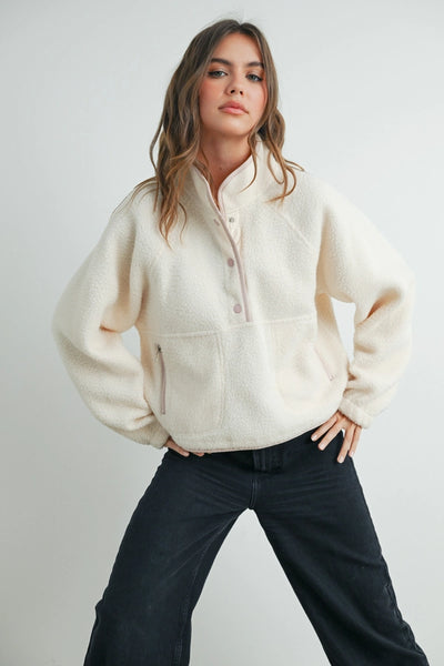 Fleece Button Front Side Pocket Long Sleeve Top