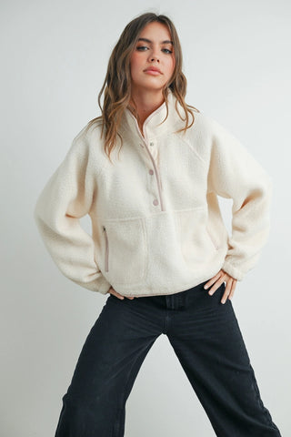 Fleece Button Front Side Pocket Long Sleeve Top